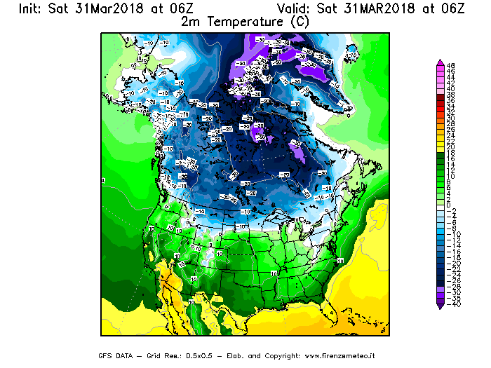 Mappa di analisi GFS - Temperatura a 2 metri dal suolo [°C] in Nord-America
							del 31/03/2018 06 <!--googleoff: index-->UTC<!--googleon: index-->