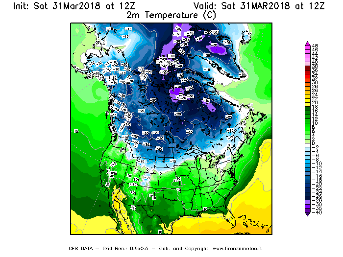 Mappa di analisi GFS - Temperatura a 2 metri dal suolo [°C] in Nord-America
							del 31/03/2018 12 <!--googleoff: index-->UTC<!--googleon: index-->