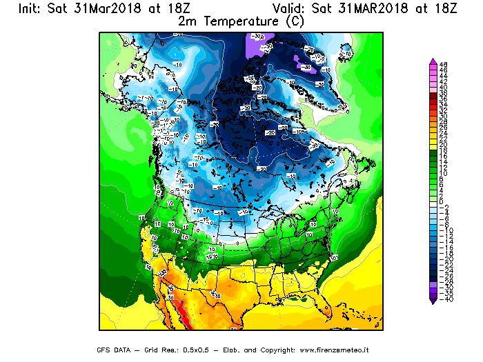 Mappa di analisi GFS - Temperatura a 2 metri dal suolo [°C] in Nord-America
									del 31/03/2018 18 <!--googleoff: index-->UTC<!--googleon: index-->
