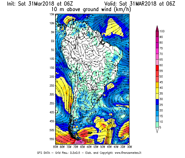 Mappa di analisi GFS - Velocità del vento a 10 metri dal suolo [km/h] in Sud-America
							del 31/03/2018 06 <!--googleoff: index-->UTC<!--googleon: index-->