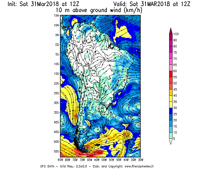 Mappa di analisi GFS - Velocità del vento a 10 metri dal suolo [km/h] in Sud-America
							del 31/03/2018 12 <!--googleoff: index-->UTC<!--googleon: index-->
