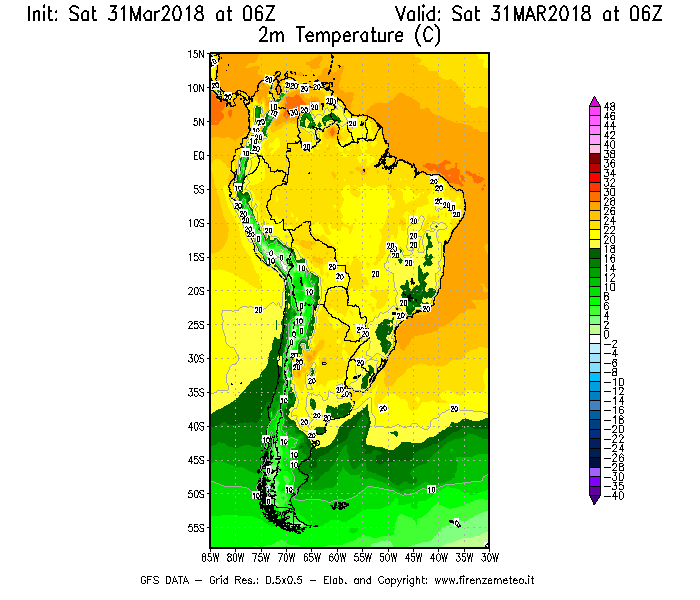 Mappa di analisi GFS - Temperatura a 2 metri dal suolo [°C] in Sud-America
									del 31/03/2018 06 <!--googleoff: index-->UTC<!--googleon: index-->