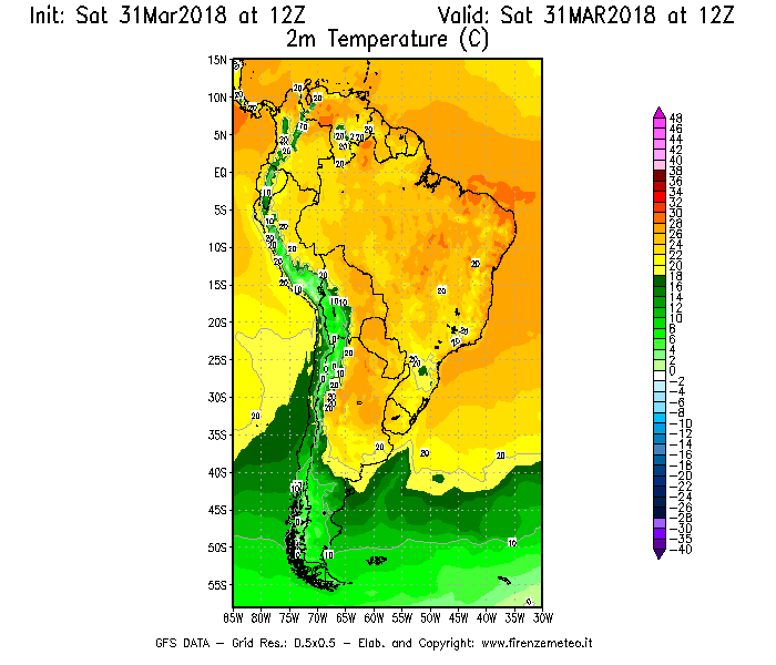 Mappa di analisi GFS - Temperatura a 2 metri dal suolo [°C] in Sud-America
									del 31/03/2018 12 <!--googleoff: index-->UTC<!--googleon: index-->