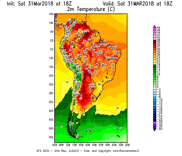 Mappa di analisi GFS - Temperatura a 2 metri dal suolo [°C] in Sud-America
									del 31/03/2018 18 <!--googleoff: index-->UTC<!--googleon: index-->