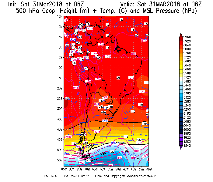 Mappa di analisi GFS - Geopotenziale [m] + Temp. [°C] a 500 hPa + Press. a livello del mare [hPa] in Sud-America
									del 31/03/2018 06 <!--googleoff: index-->UTC<!--googleon: index-->