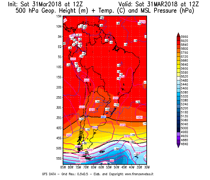 Mappa di analisi GFS - Geopotenziale [m] + Temp. [°C] a 500 hPa + Press. a livello del mare [hPa] in Sud-America
									del 31/03/2018 12 <!--googleoff: index-->UTC<!--googleon: index-->