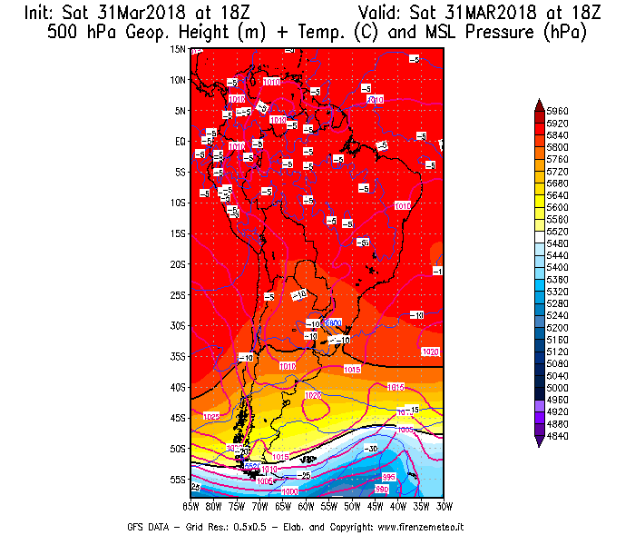 Mappa di analisi GFS - Geopotenziale [m] + Temp. [°C] a 500 hPa + Press. a livello del mare [hPa] in Sud-America
									del 31/03/2018 18 <!--googleoff: index-->UTC<!--googleon: index-->