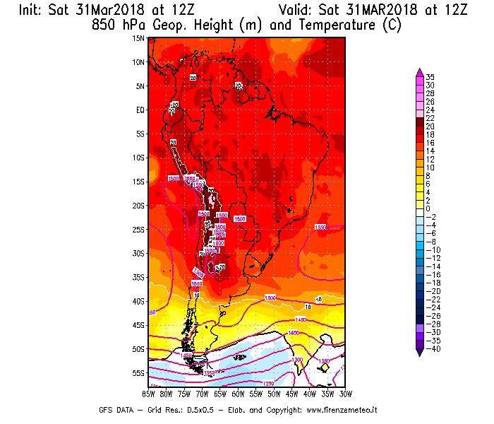 Mappa di analisi GFS - Geopotenziale [m] e Temperatura [°C] a 850 hPa in Sud-America
									del 31/03/2018 12 <!--googleoff: index-->UTC<!--googleon: index-->