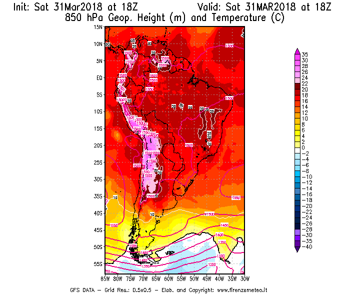 Mappa di analisi GFS - Geopotenziale [m] e Temperatura [°C] a 850 hPa in Sud-America
							del 31/03/2018 18 <!--googleoff: index-->UTC<!--googleon: index-->