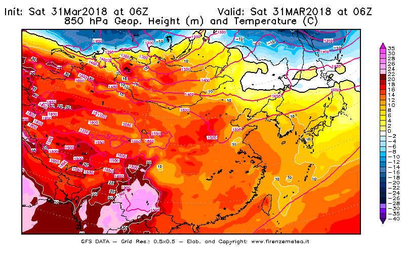 Mappa di analisi GFS - Geopotenziale [m] e Temperatura [°C] a 850 hPa in Asia Orientale
									del 31/03/2018 06 <!--googleoff: index-->UTC<!--googleon: index-->
