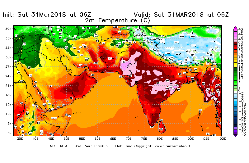 Mappa di analisi GFS - Temperatura a 2 metri dal suolo [°C] in Asia Sud-Occidentale
							del 31/03/2018 06 <!--googleoff: index-->UTC<!--googleon: index-->