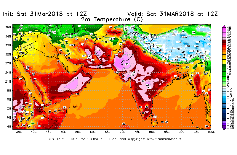 Mappa di analisi GFS - Temperatura a 2 metri dal suolo [°C] in Asia Sud-Occidentale
									del 31/03/2018 12 <!--googleoff: index-->UTC<!--googleon: index-->
