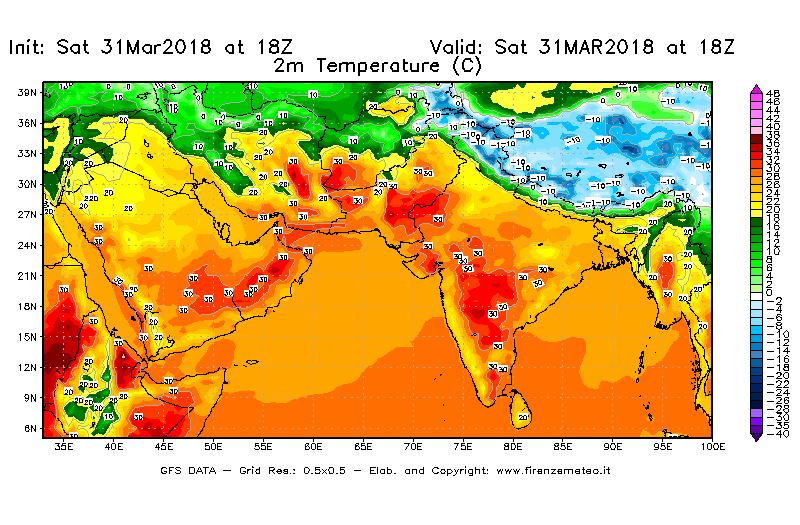 Mappa di analisi GFS - Temperatura a 2 metri dal suolo [°C] in Asia Sud-Occidentale
									del 31/03/2018 18 <!--googleoff: index-->UTC<!--googleon: index-->
