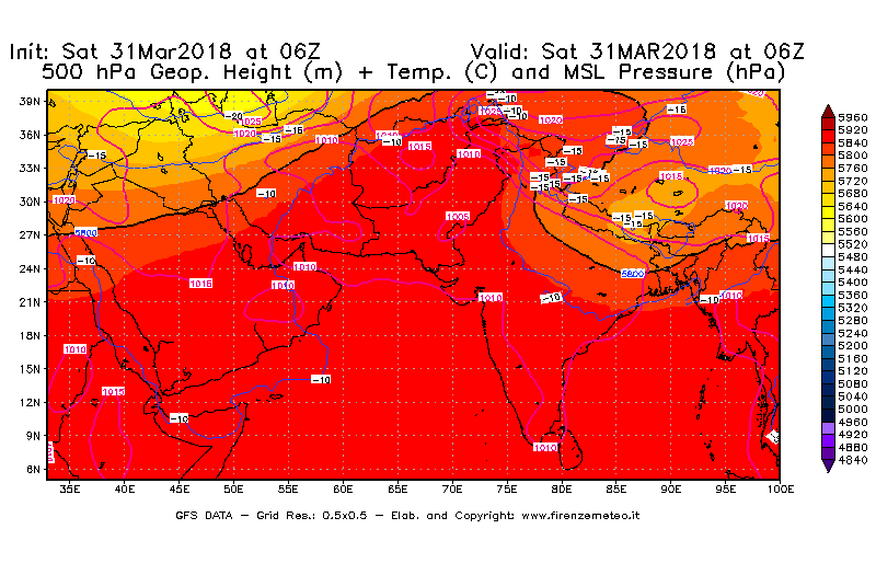 Mappa di analisi GFS - Geopotenziale [m] + Temp. [°C] a 500 hPa + Press. a livello del mare [hPa] in Asia Sud-Occidentale
									del 31/03/2018 06 <!--googleoff: index-->UTC<!--googleon: index-->