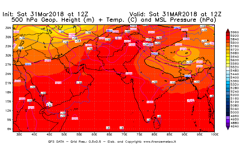 Mappa di analisi GFS - Geopotenziale [m] + Temp. [°C] a 500 hPa + Press. a livello del mare [hPa] in Asia Sud-Occidentale
							del 31/03/2018 12 <!--googleoff: index-->UTC<!--googleon: index-->