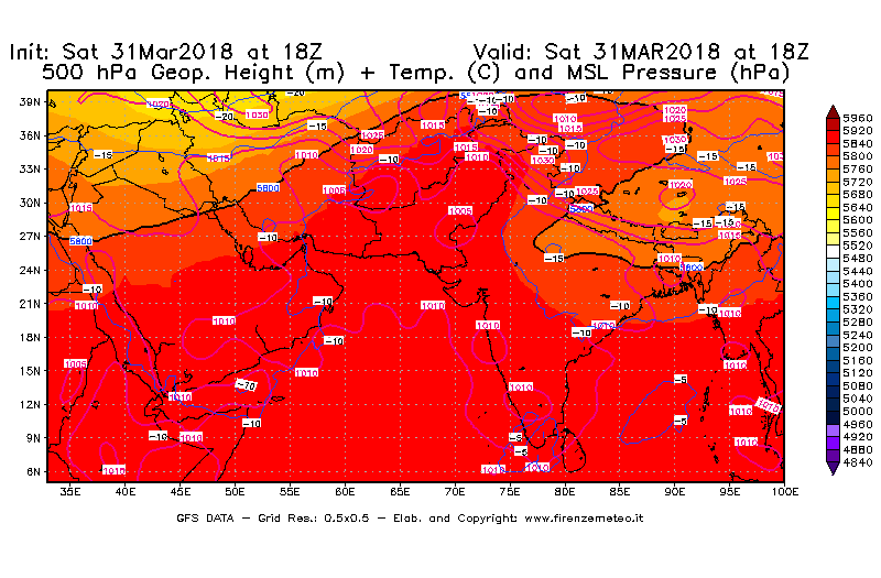 Mappa di analisi GFS - Geopotenziale [m] + Temp. [°C] a 500 hPa + Press. a livello del mare [hPa] in Asia Sud-Occidentale
							del 31/03/2018 18 <!--googleoff: index-->UTC<!--googleon: index-->