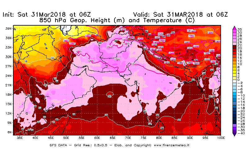 Mappa di analisi GFS - Geopotenziale [m] e Temperatura [°C] a 850 hPa in Asia Sud-Occidentale
									del 31/03/2018 06 <!--googleoff: index-->UTC<!--googleon: index-->