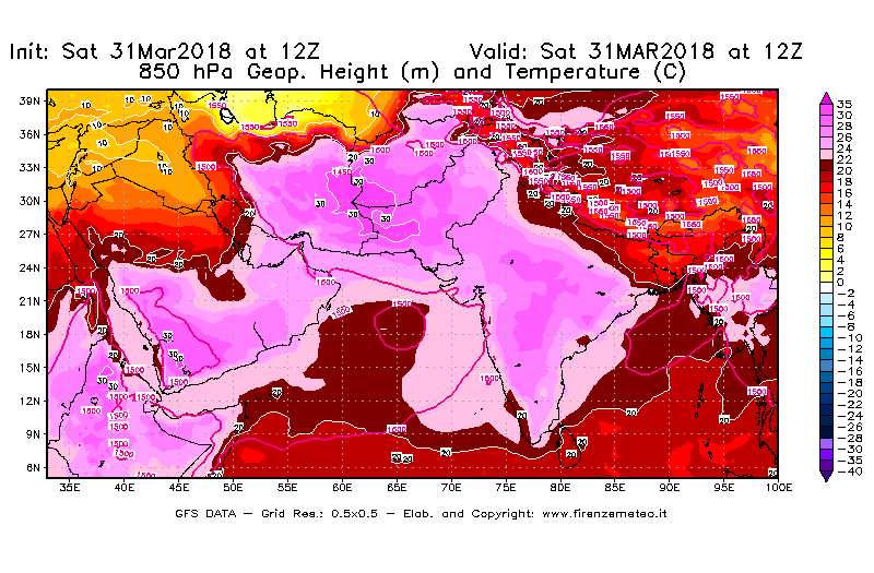 Mappa di analisi GFS - Geopotenziale [m] e Temperatura [°C] a 850 hPa in Asia Sud-Occidentale
							del 31/03/2018 12 <!--googleoff: index-->UTC<!--googleon: index-->