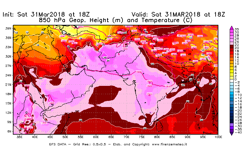Mappa di analisi GFS - Geopotenziale [m] e Temperatura [°C] a 850 hPa in Asia Sud-Occidentale
							del 31/03/2018 18 <!--googleoff: index-->UTC<!--googleon: index-->
