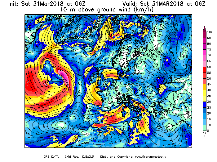 Mappa di analisi GFS - Velocità del vento a 10 metri dal suolo [km/h] in Europa
									del 31/03/2018 06 <!--googleoff: index-->UTC<!--googleon: index-->