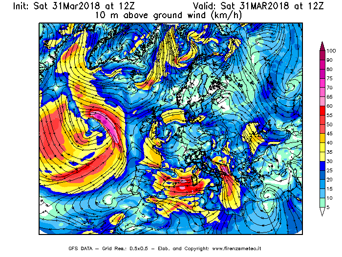 Mappa di analisi GFS - Velocità del vento a 10 metri dal suolo [km/h] in Europa
									del 31/03/2018 12 <!--googleoff: index-->UTC<!--googleon: index-->