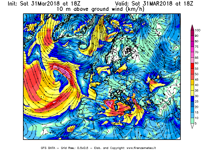 Mappa di analisi GFS - Velocità del vento a 10 metri dal suolo [km/h] in Europa
							del 31/03/2018 18 <!--googleoff: index-->UTC<!--googleon: index-->