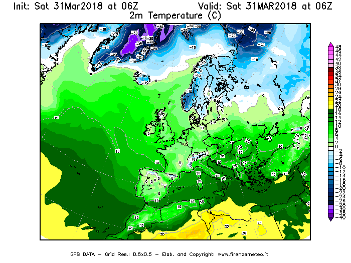 Mappa di analisi GFS - Temperatura a 2 metri dal suolo [°C] in Europa
									del 31/03/2018 06 <!--googleoff: index-->UTC<!--googleon: index-->