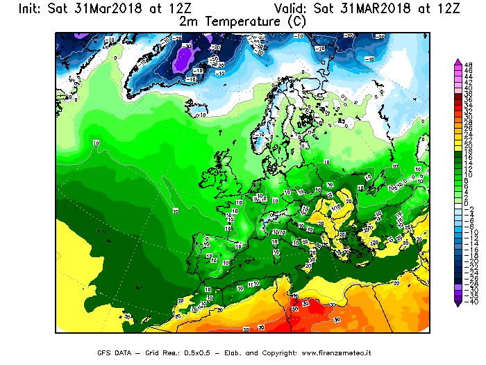 Mappa di analisi GFS - Temperatura a 2 metri dal suolo [°C] in Europa
							del 31/03/2018 12 <!--googleoff: index-->UTC<!--googleon: index-->