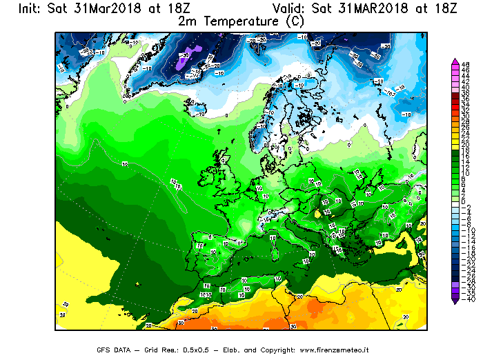Mappa di analisi GFS - Temperatura a 2 metri dal suolo [°C] in Europa
							del 31/03/2018 18 <!--googleoff: index-->UTC<!--googleon: index-->