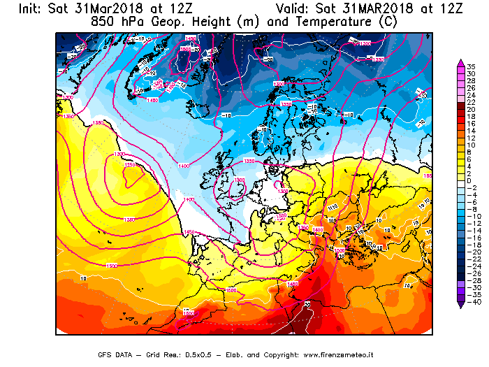 Mappa di analisi GFS - Geopotenziale [m] e Temperatura [°C] a 850 hPa in Europa
									del 31/03/2018 12 <!--googleoff: index-->UTC<!--googleon: index-->