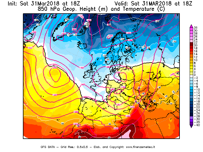 Mappa di analisi GFS - Geopotenziale [m] e Temperatura [°C] a 850 hPa in Europa
							del 31/03/2018 18 <!--googleoff: index-->UTC<!--googleon: index-->