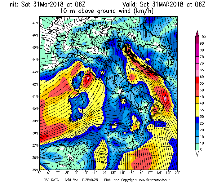 Mappa di analisi GFS - Velocità del vento a 10 metri dal suolo [km/h] in Italia
							del 31/03/2018 06 <!--googleoff: index-->UTC<!--googleon: index-->