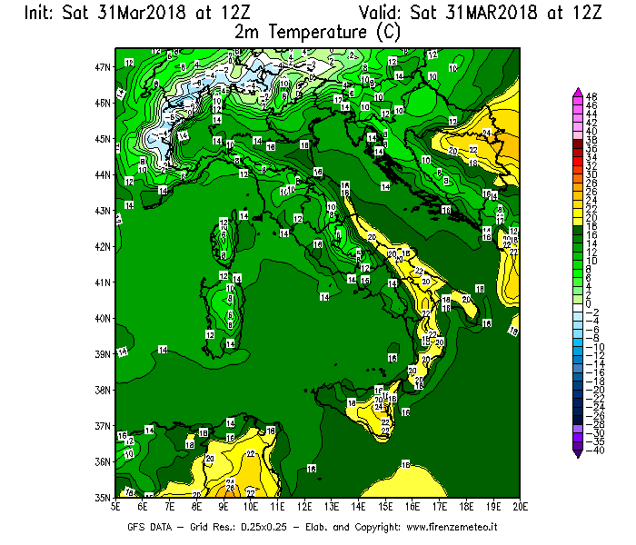 Mappa di analisi GFS - Temperatura a 2 metri dal suolo [°C] in Italia
							del 31/03/2018 12 <!--googleoff: index-->UTC<!--googleon: index-->