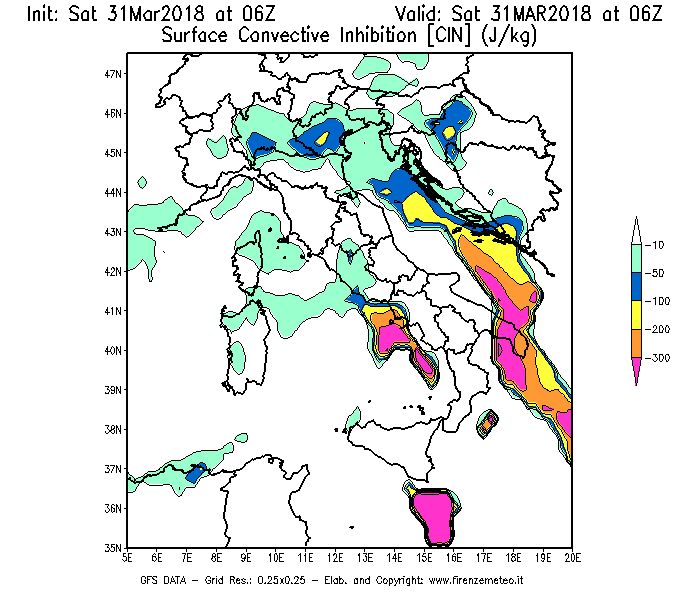Mappa di analisi GFS - CIN [J/kg] in Italia
									del 31/03/2018 06 <!--googleoff: index-->UTC<!--googleon: index-->