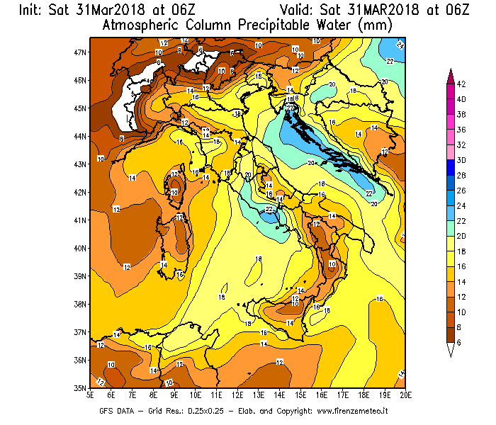 Mappa di analisi GFS - Precipitable Water [mm] in Italia
									del 31/03/2018 06 <!--googleoff: index-->UTC<!--googleon: index-->