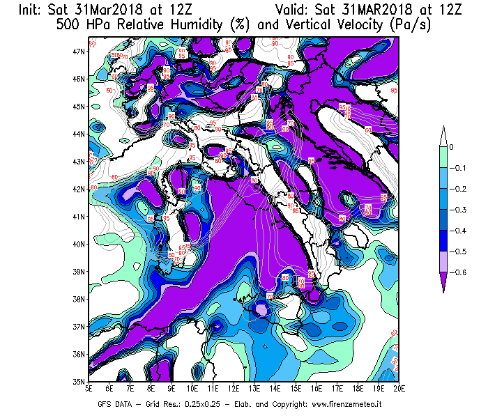 Mappa di analisi GFS - Umidità relativa [%] e Omega [Pa/s] a 500 hPa in Italia
							del 31/03/2018 12 <!--googleoff: index-->UTC<!--googleon: index-->