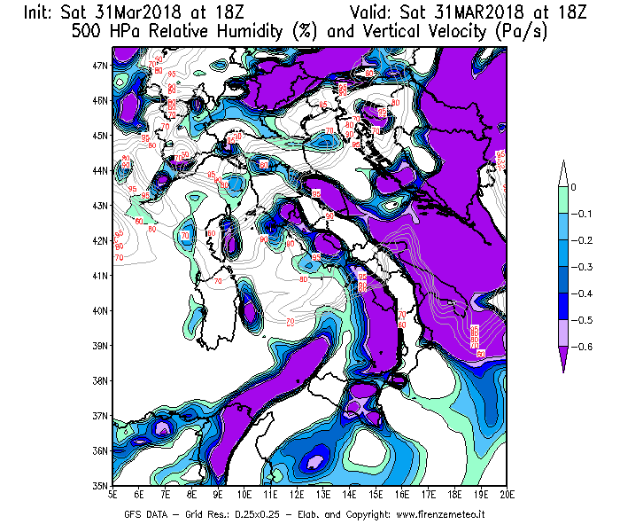 Mappa di analisi GFS - Umidità relativa [%] e Omega [Pa/s] a 500 hPa in Italia
							del 31/03/2018 18 <!--googleoff: index-->UTC<!--googleon: index-->