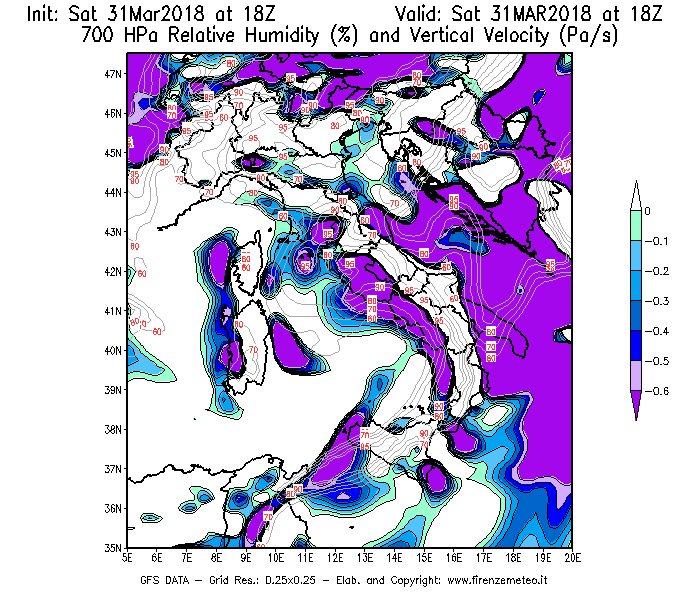 Mappa di analisi GFS - Umidità relativa [%] e Omega [Pa/s] a 700 hPa in Italia
									del 31/03/2018 18 <!--googleoff: index-->UTC<!--googleon: index-->