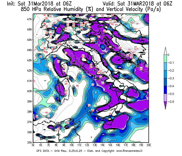 Mappa di analisi GFS - Umidità relativa [%] e Omega [Pa/s] a 850 hPa in Italia
									del 31/03/2018 06 <!--googleoff: index-->UTC<!--googleon: index-->