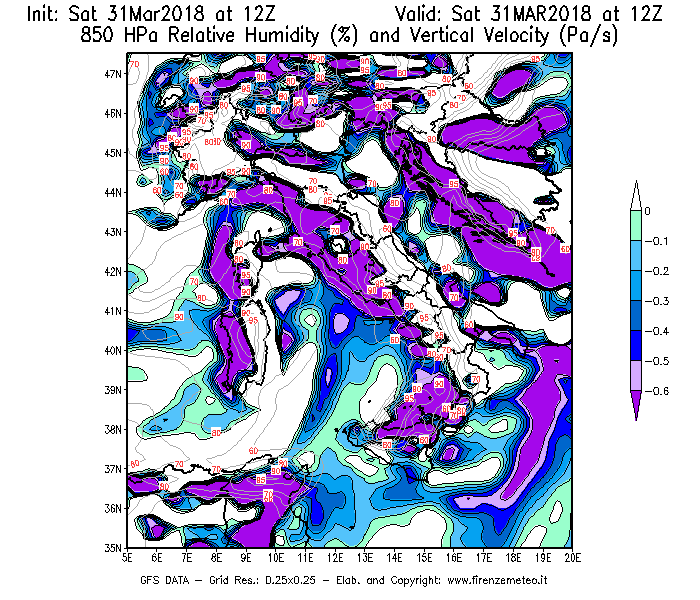 Mappa di analisi GFS - Umidità relativa [%] e Omega [Pa/s] a 850 hPa in Italia
							del 31/03/2018 12 <!--googleoff: index-->UTC<!--googleon: index-->