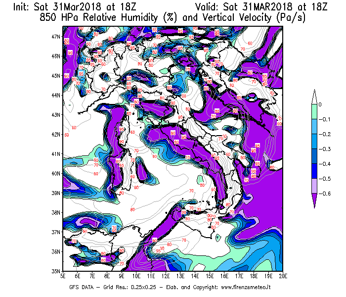 Mappa di analisi GFS - Umidità relativa [%] e Omega [Pa/s] a 850 hPa in Italia
							del 31/03/2018 18 <!--googleoff: index-->UTC<!--googleon: index-->