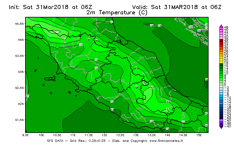 Mappa di analisi GFS - Temperatura a 2 metri dal suolo [°C] in Centro-Italia
									del 31/03/2018 06 <!--googleoff: index-->UTC<!--googleon: index-->