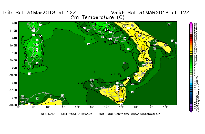 Mappa di analisi GFS - Temperatura a 2 metri dal suolo [°C] in Sud-Italia
									del 31/03/2018 12 <!--googleoff: index-->UTC<!--googleon: index-->