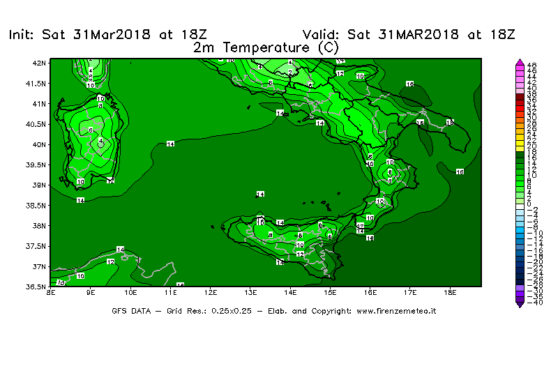 Mappa di analisi GFS - Temperatura a 2 metri dal suolo [°C] in Sud-Italia
							del 31/03/2018 18 <!--googleoff: index-->UTC<!--googleon: index-->