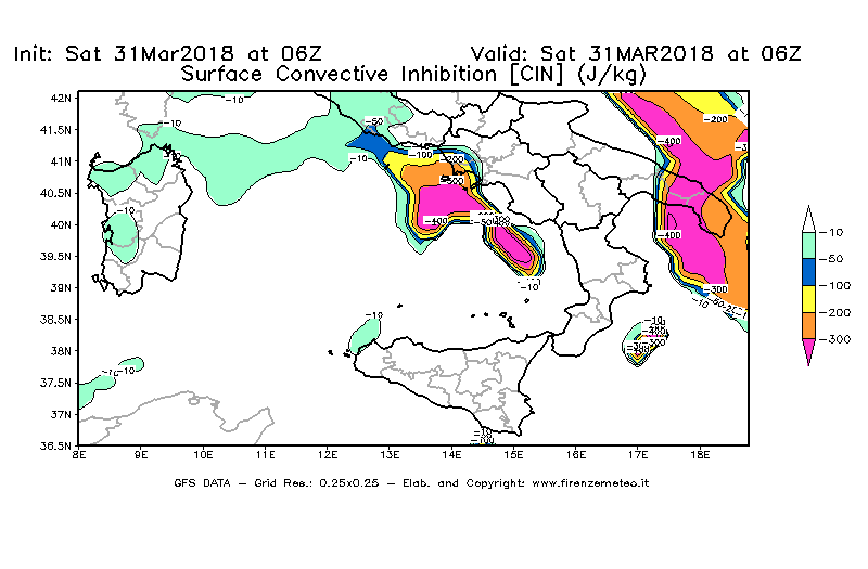 Mappa di analisi GFS - CIN [J/kg] in Sud-Italia
									del 31/03/2018 06 <!--googleoff: index-->UTC<!--googleon: index-->