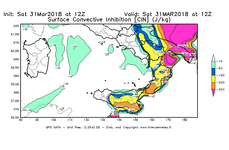 Mappa di analisi GFS - CIN [J/kg] in Sud-Italia
									del 31/03/2018 12 <!--googleoff: index-->UTC<!--googleon: index-->