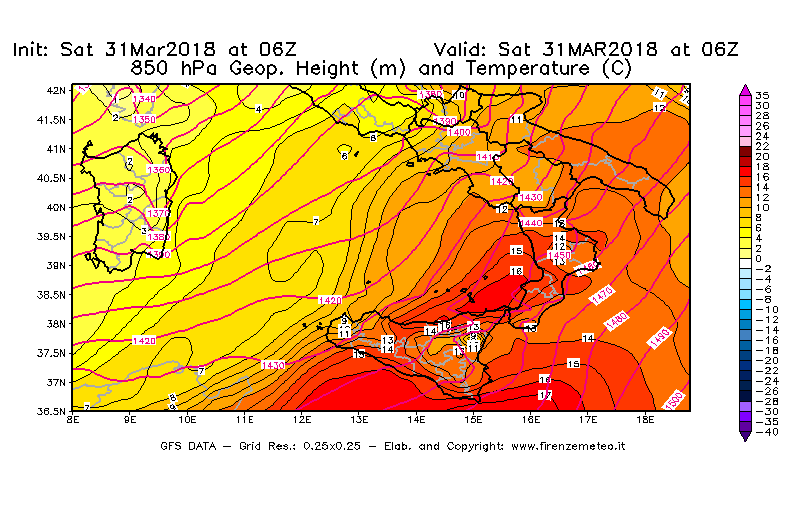 Mappa di analisi GFS - Geopotenziale [m] e Temperatura [°C] a 850 hPa in Sud-Italia
							del 31/03/2018 06 <!--googleoff: index-->UTC<!--googleon: index-->