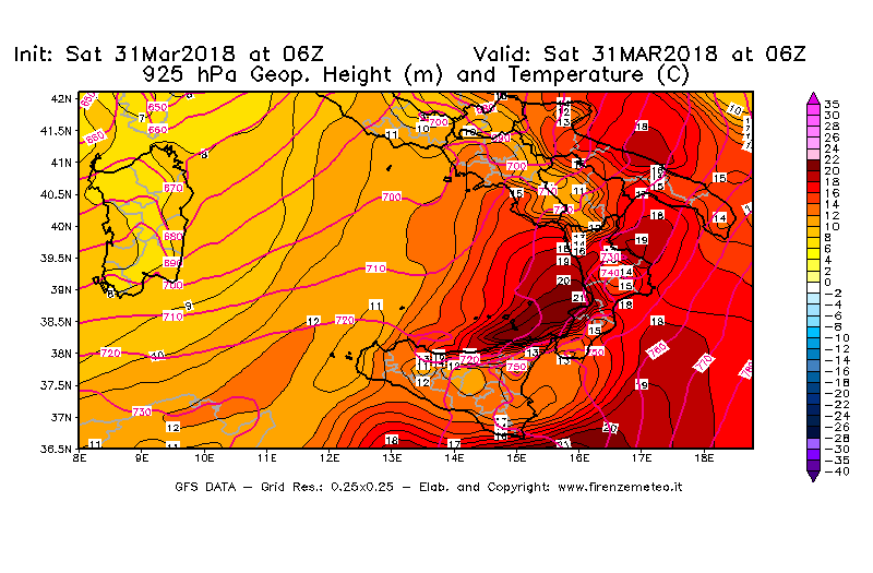 Mappa di analisi GFS - Geopotenziale [m] e Temperatura [°C] a 925 hPa in Sud-Italia
									del 31/03/2018 06 <!--googleoff: index-->UTC<!--googleon: index-->