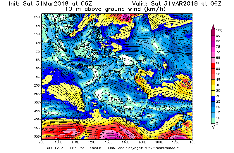 Mappa di analisi GFS - Velocità del vento a 10 metri dal suolo [km/h] in Oceania
							del 31/03/2018 06 <!--googleoff: index-->UTC<!--googleon: index-->