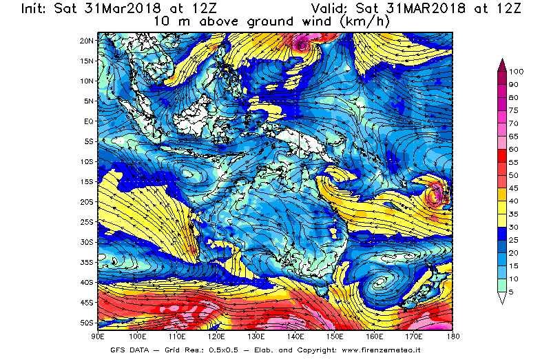 Mappa di analisi GFS - Velocità del vento a 10 metri dal suolo [km/h] in Oceania
									del 31/03/2018 12 <!--googleoff: index-->UTC<!--googleon: index-->